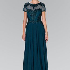 NEW TEAL Illusion Neck A-Line Shape Evening Dress GSGL2406